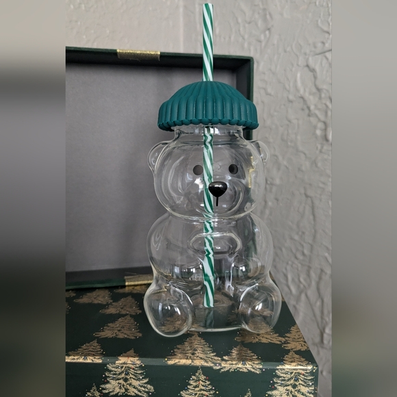 Teddy Glass Cup With Green Lid and Straw. Not Starbucks